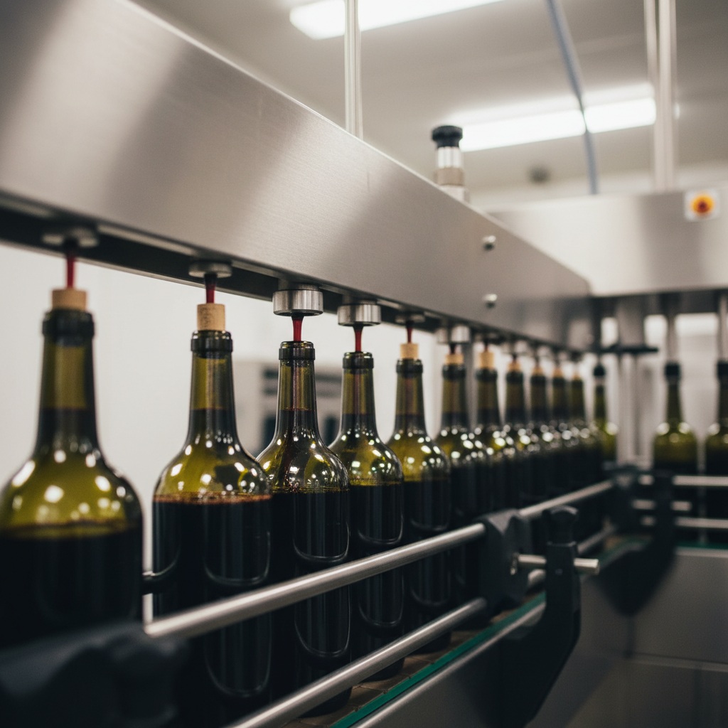 Linha de engarrafamento de vinho em uma adega moderna, com garrafas sendo preenchidas e vedadas por máquinas de aço inoxidável.