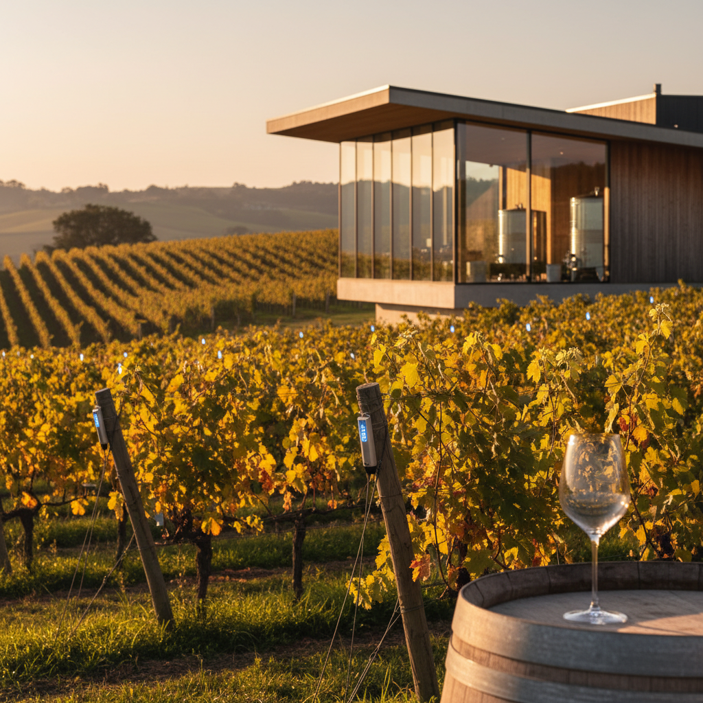 Imagem de um vinhedo moderno ao pôr do sol, com sensores digitais entre as videiras e uma adega contemporânea no horizonte. Em primeiro plano, uma taça de vinho sobre um barril de carvalho, refletindo a fusão entre tradição e tecnologia na produção vinícola.