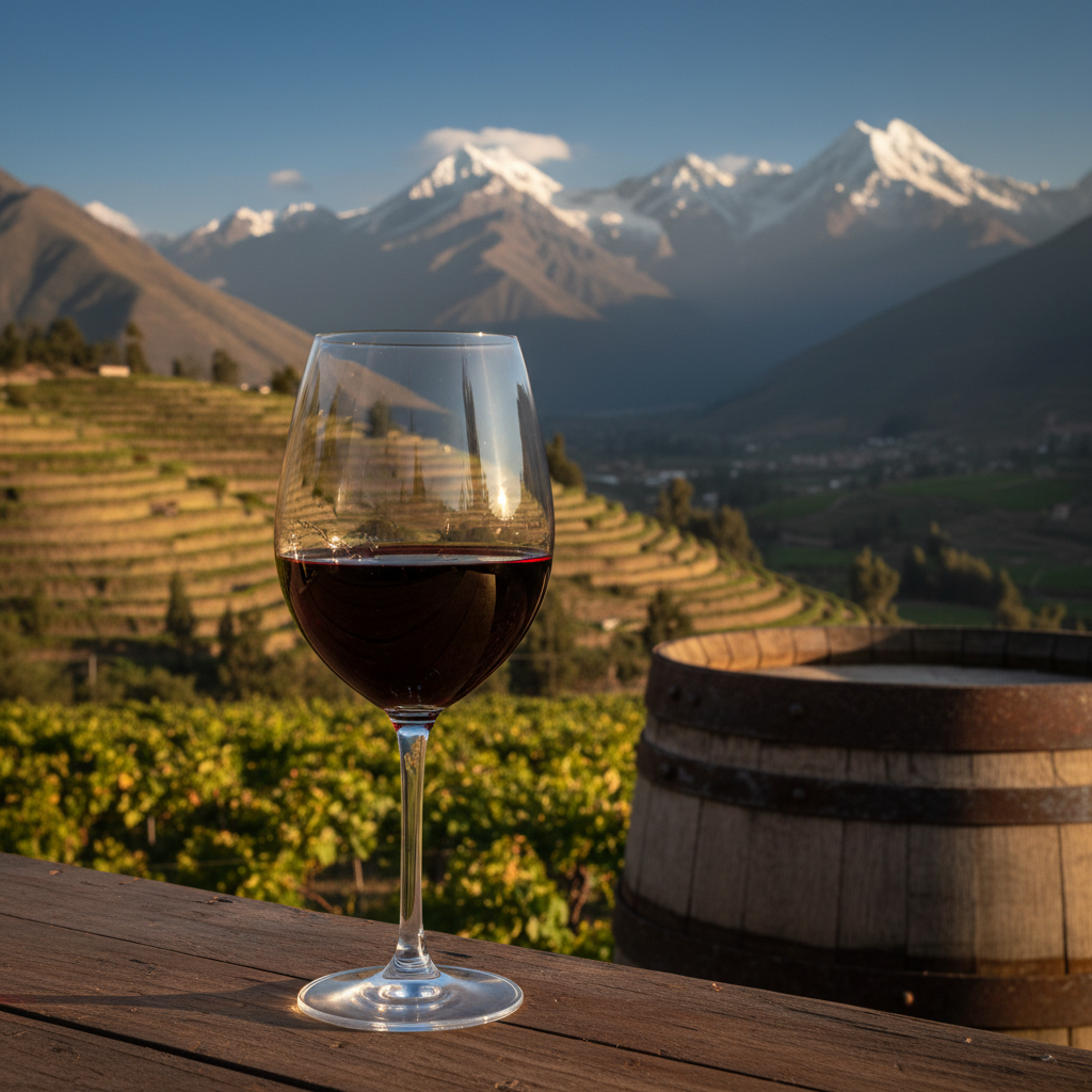 Vinhedo de altitude nos Andes peruanos, com taça de vinho tinto em primeiro plano e barril de madeira, simbolizando a viticultura local.