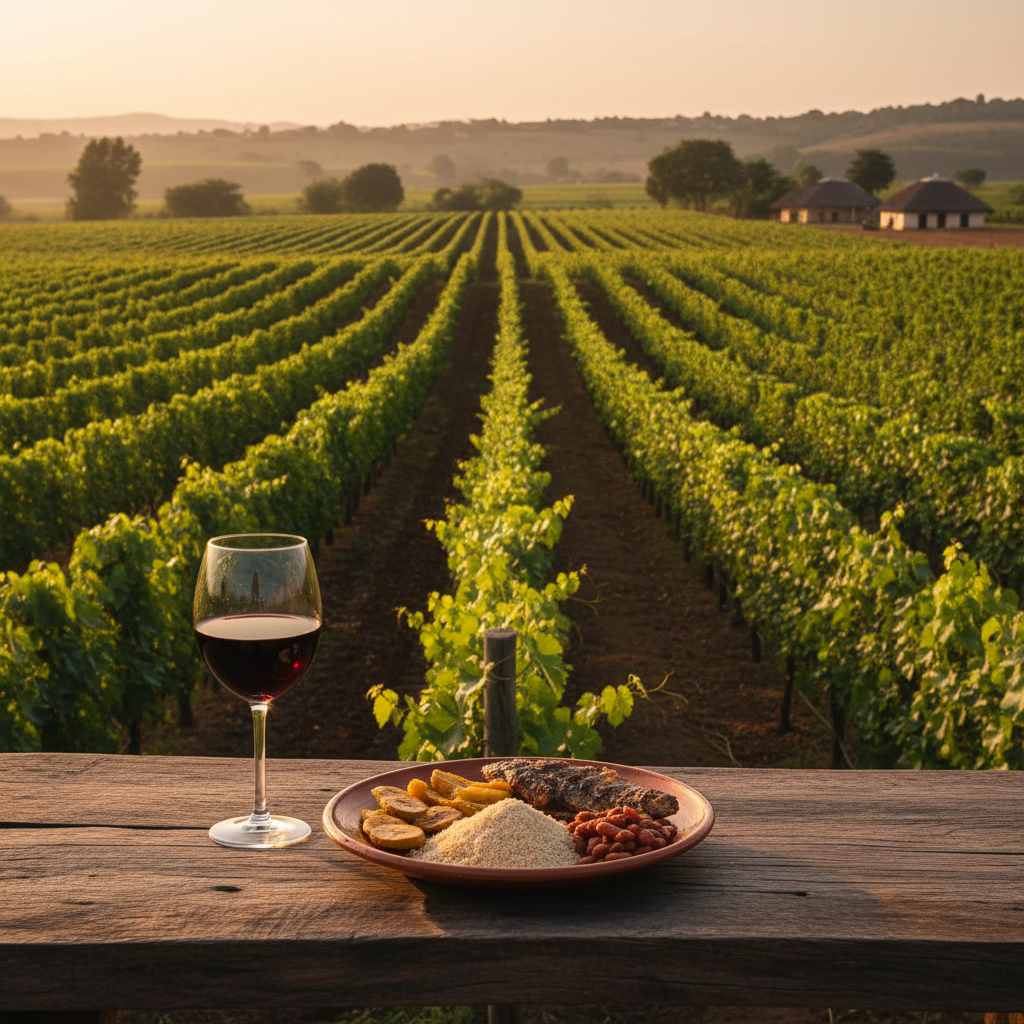Um vinhedo angolano ao pôr do sol, com uma taça de vinho tinto e um prato típico sobre uma mesa de madeira, simbolizando o enoturismo e a gastronomia local.