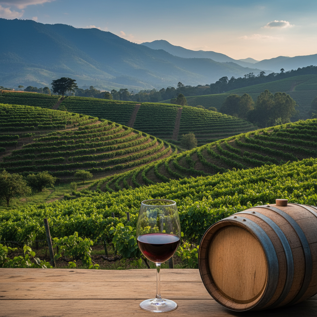 Vinhedo exuberante de altitude nos Andes colombianos, com plantações de café ao fundo e um barril de vinho rústico em primeiro plano.