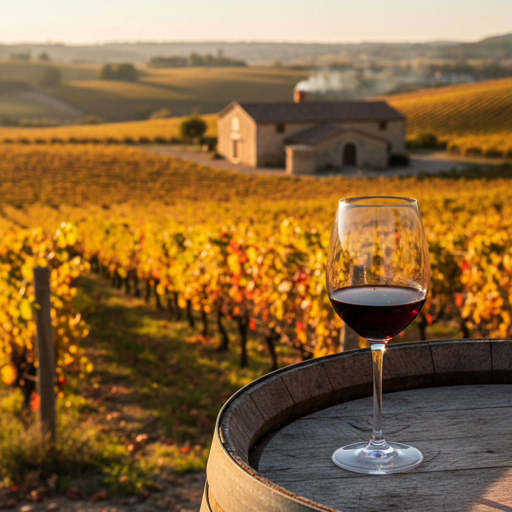 Vinhedos ensolarados na Espanha com taça de vinho tinto sobre barril de carvalho em uma adega rústica.