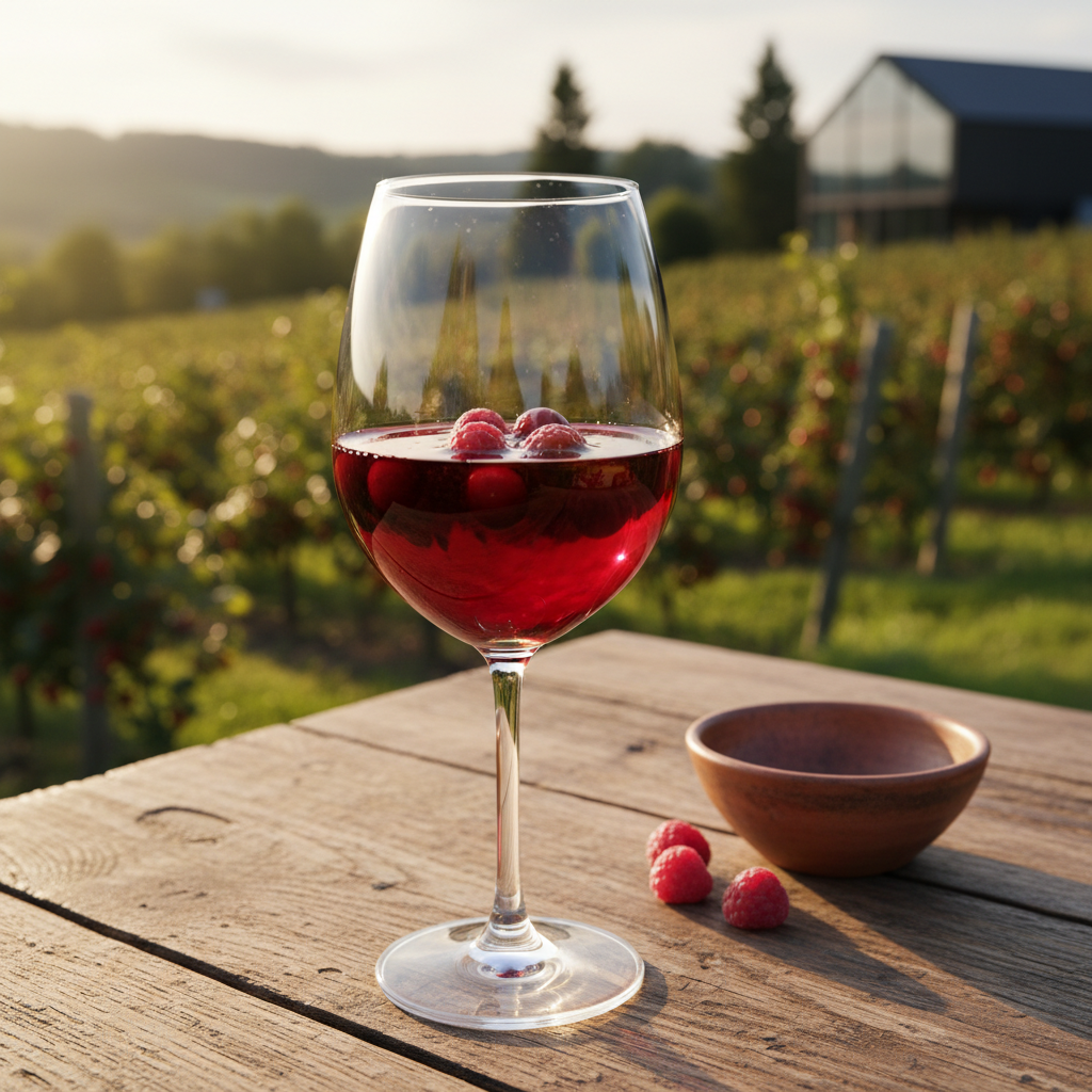 Taça de vinho de frutas vermelhas sobre uma mesa rústica, com vinhedo letão ou campo de bagas ao fundo.