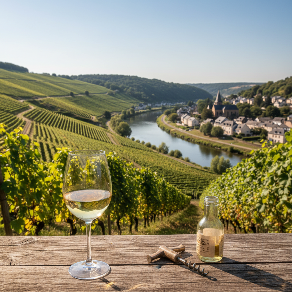 Vinhedos ensolarados em socalcos ao longo do rio Mosela em Luxemburgo, com uma taça de vinho na frente, simbolizando o enoturismo na região.