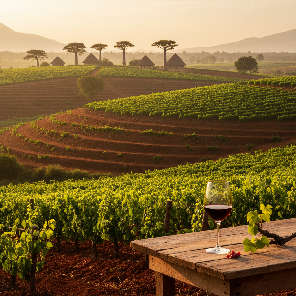 Vinhedo exuberante em Madagascar com solo avermelhado, taça de vinho tinto e casas tradicionais malgaxes ao fundo.
