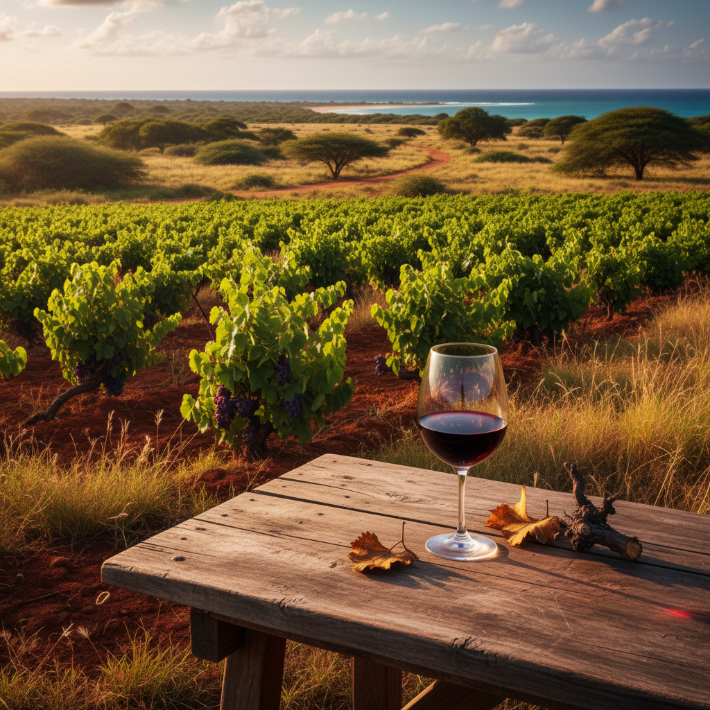 Vinhedo tropical em Moçambique com uma taça de vinho tinto ao pôr do sol, sugerindo aventura e descoberta.