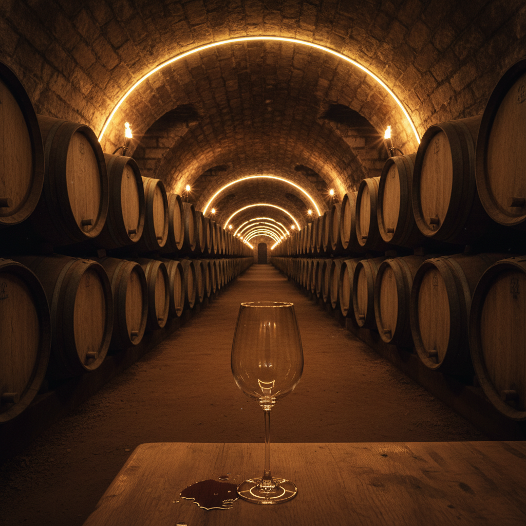 Imagem de uma adega subterrânea vasta e iluminada, com filas de barris de carvalho e uma taça de vinho tinto em destaque.