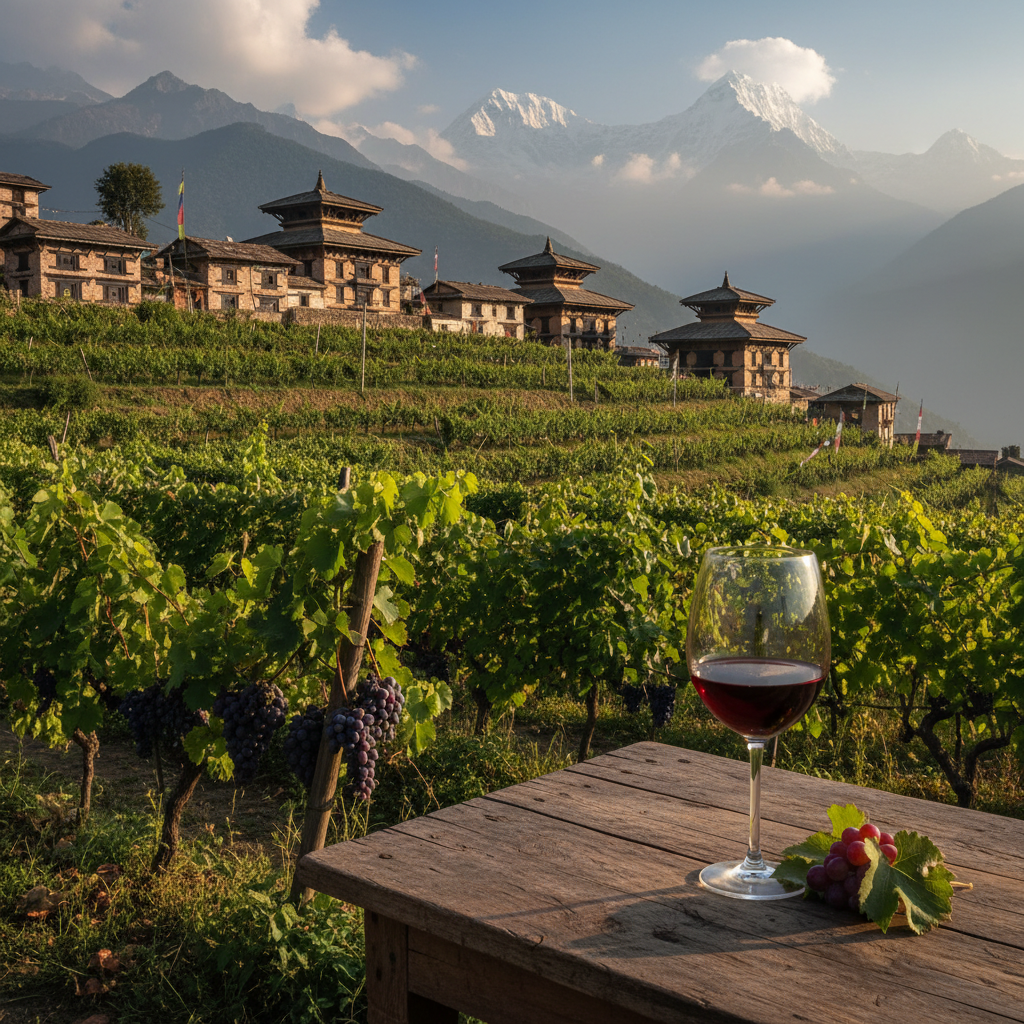 Vinhedo exuberante nas montanhas do Himalaia no Nepal, com uma taça de vinho tinto em primeiro plano, destacando a beleza cênica e a promessa do enoturismo.