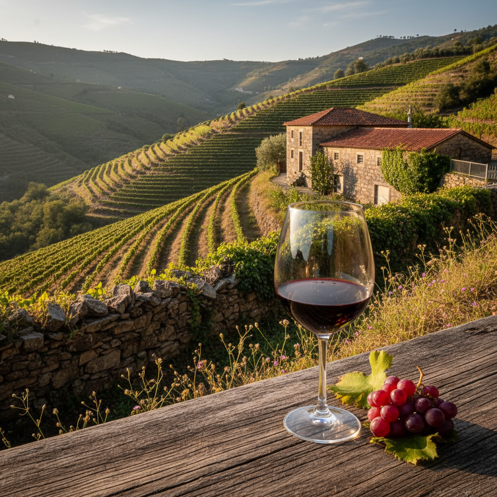 Vinhedos em socalcos do Douro ao pôr do sol, com uma taça de vinho tinto em primeiro plano, convidando ao enoturismo em Portugal.