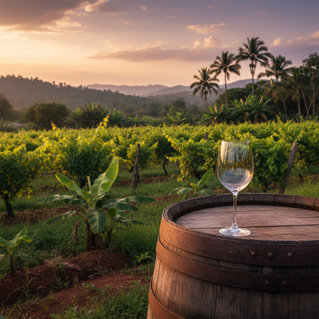 Vinhedo exuberante em Uganda com taça de vinho e barril, refletindo o cenário tropical e montanhoso.