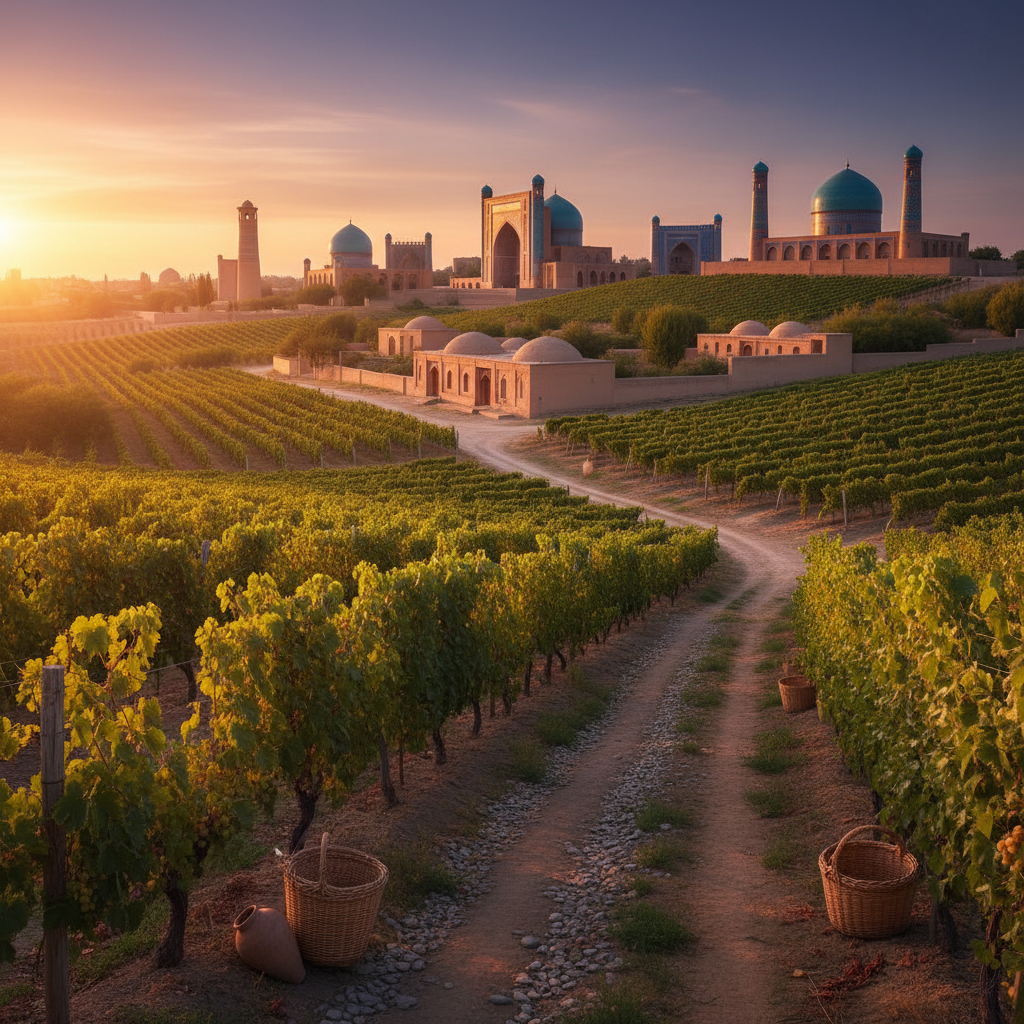 Vinhedo exuberante no Uzbequistão com arquitetura tradicional ao fundo, sob a luz dourada do pôr do sol, simbolizando a fusão de enoturismo e cultura.