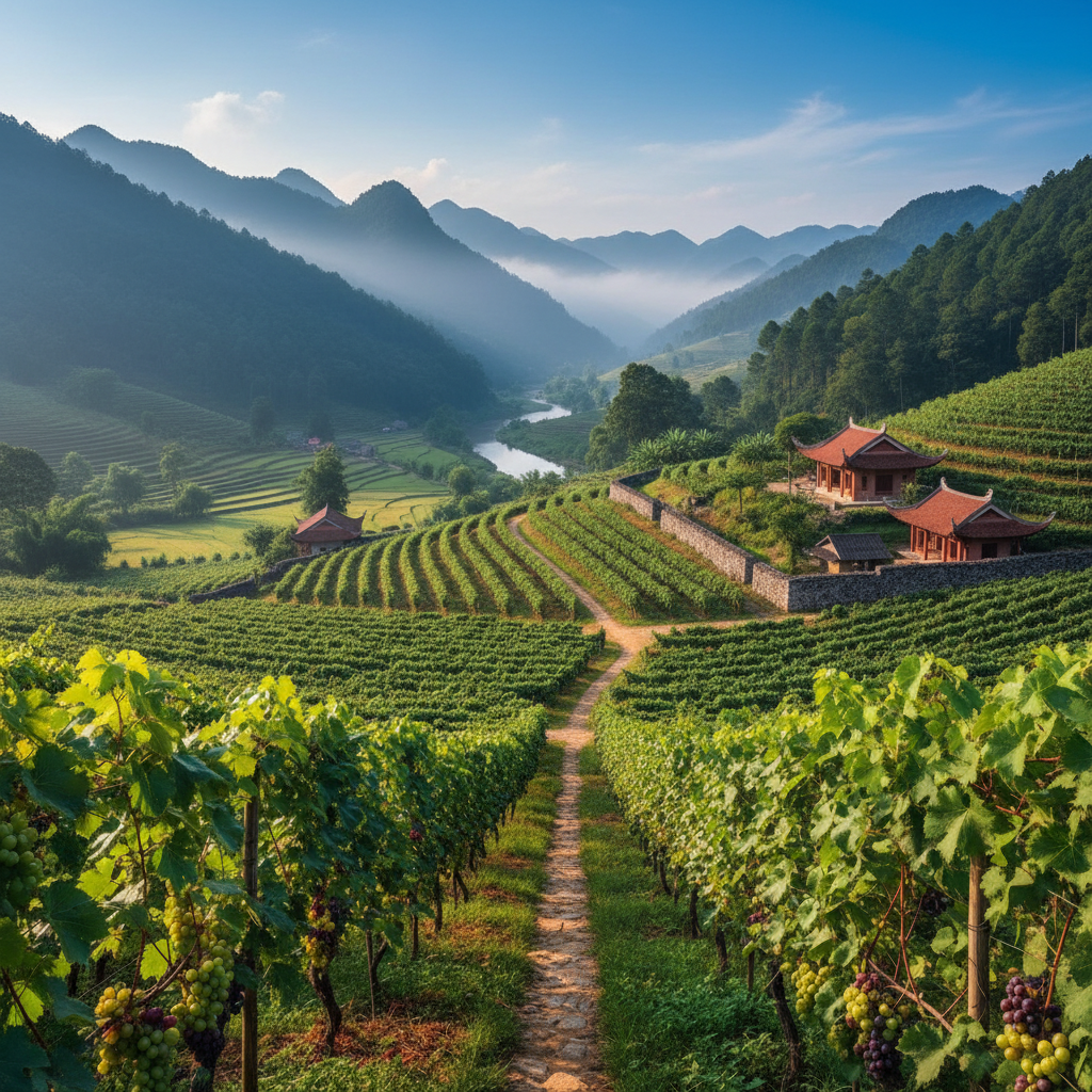 Vista panorâmica de um exuberante vinhedo nas montanhas do Vietnã, com fileiras de videiras verdes sob um céu azul, evocando a beleza do enoturismo asiático.