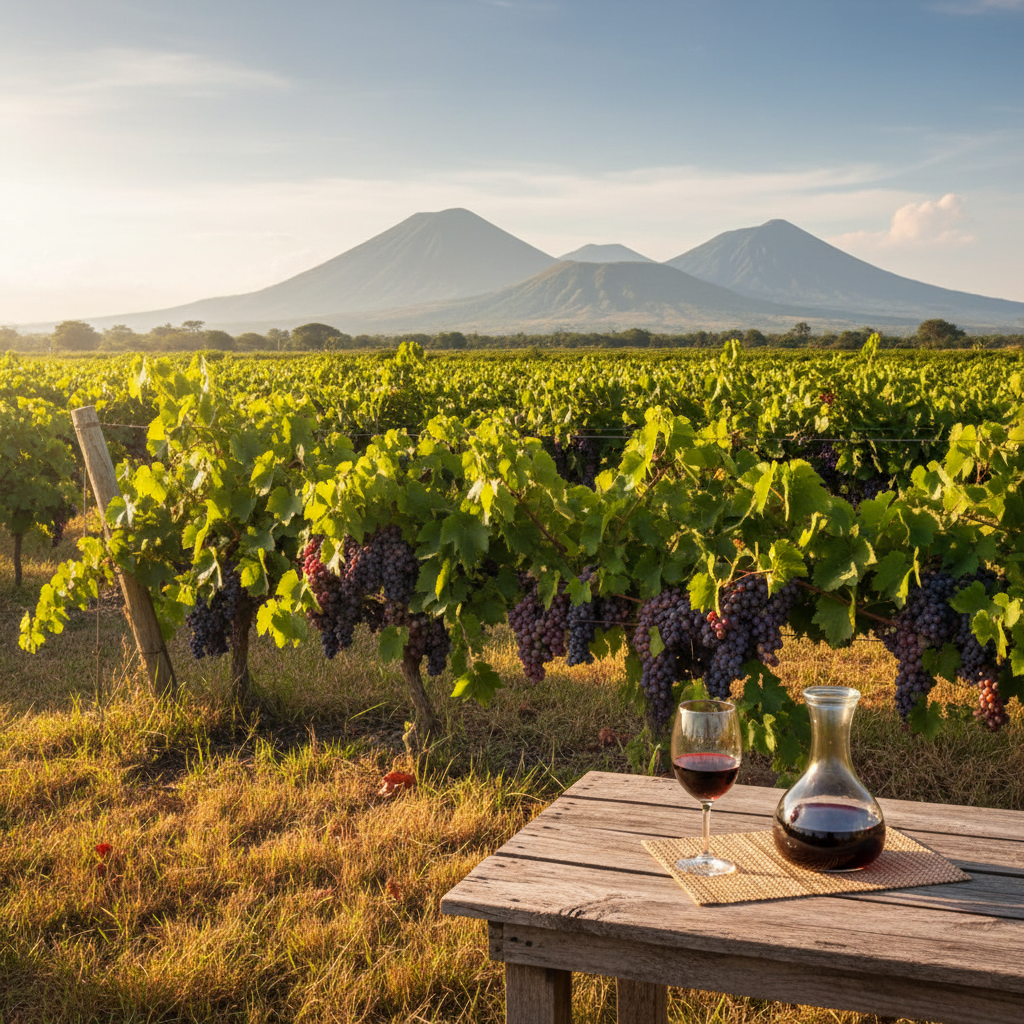 Taça de vinho tinto sobre uma mesa rústica, com um vinhedo exuberante e montanhas vulcânicas de El Salvador ao fundo sob o sol tropical.