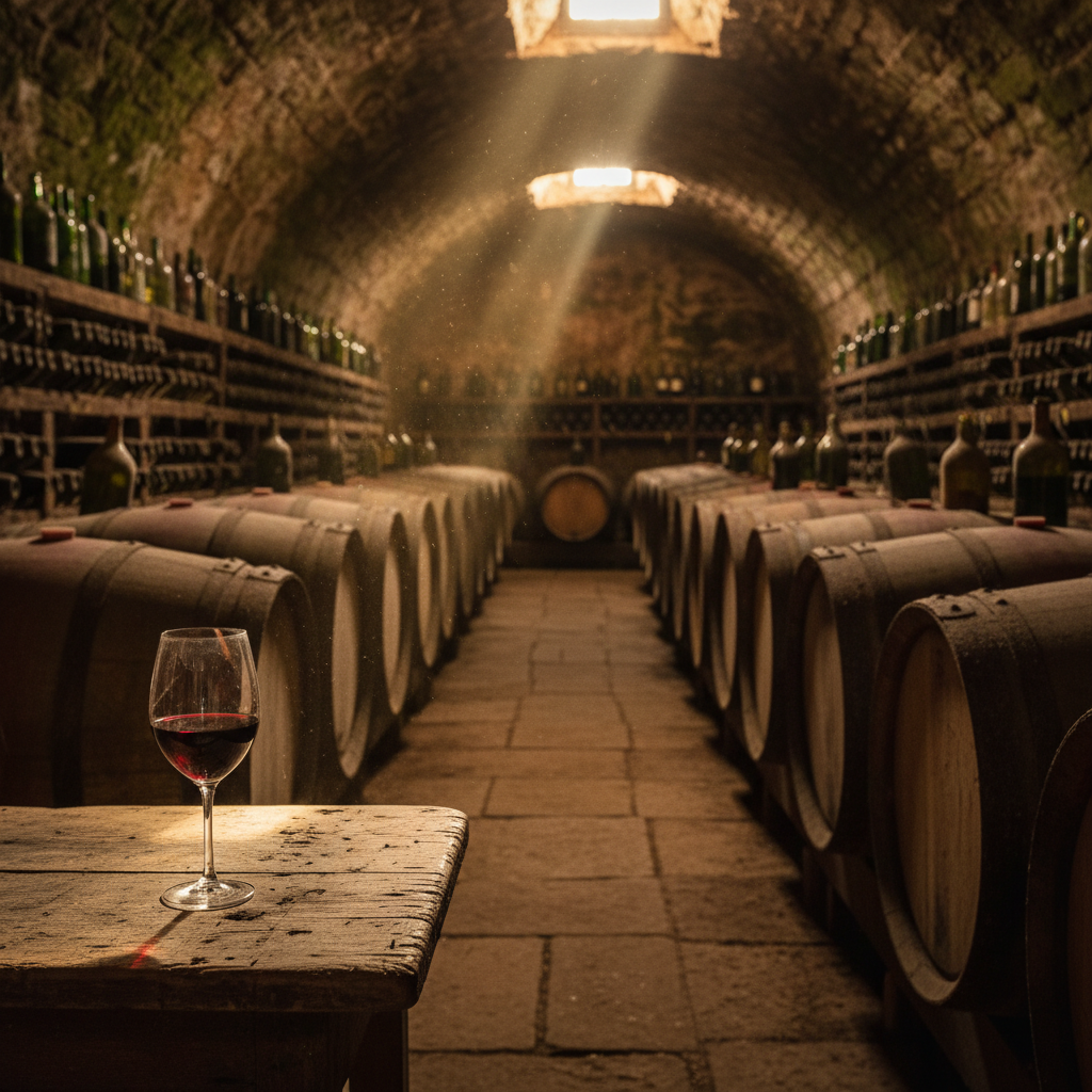Cave de vinhos escura com garrafas empoeiradas e barris de carvalho, simbolizando o envelhecimento e a guarda.
