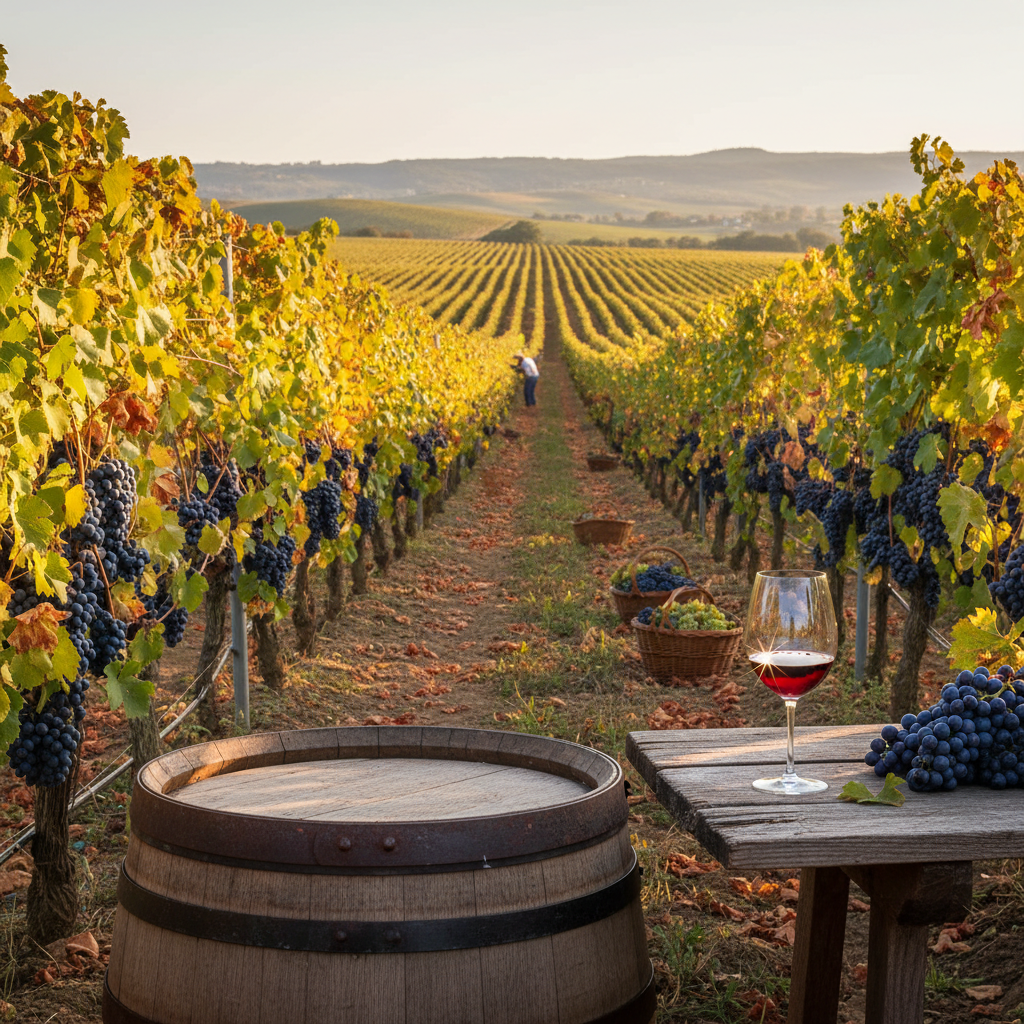 Paisagem de vinhedo ensolarado na época da colheita, com parreiras carregadas de uvas maduras, um barril de vinho de madeira e uma taça.