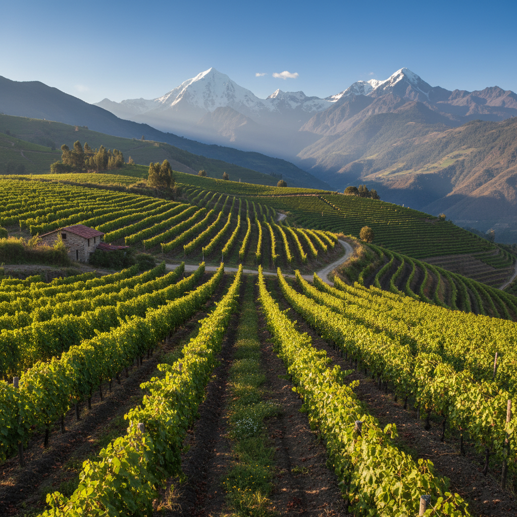 Vinhedo de altitude nos Andes Equatorianos, mostrando fileiras de videiras sob um céu azul, com a paisagem montanhosa ao fundo.
