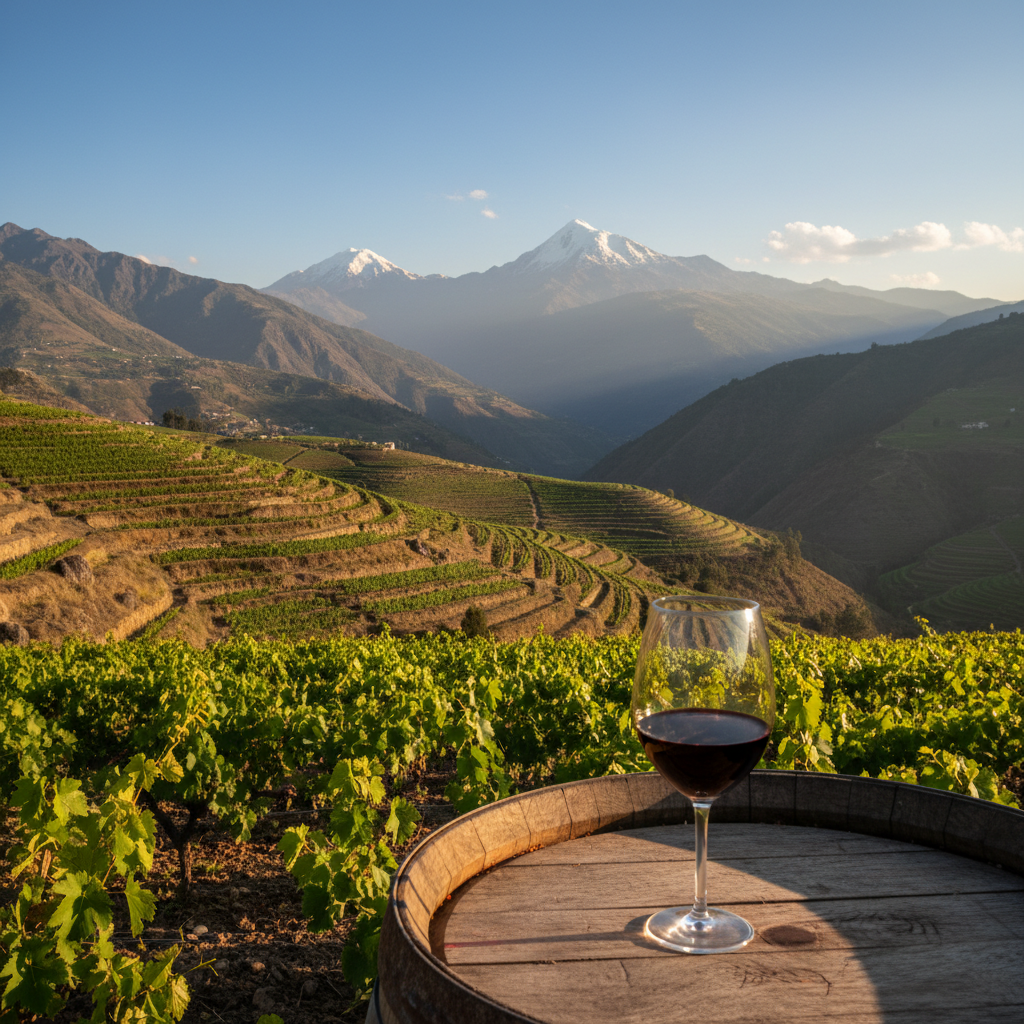 Vinhedo de alta altitude nos Andes equatorianos com montanhas ao fundo e uma taça de vinho tinto sobre um barril de madeira rústico.