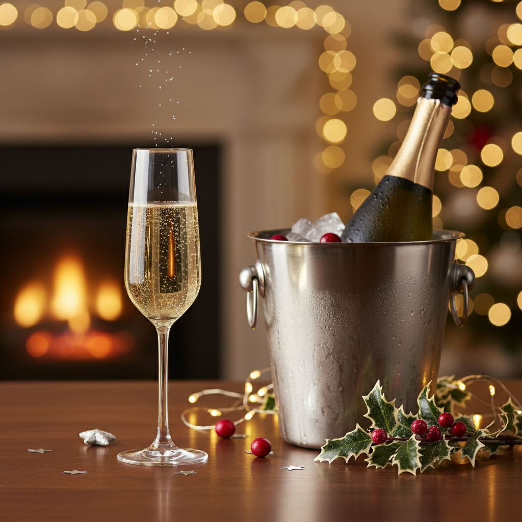 Taça de vinho espumante com garrafa gelada e decorações festivas em uma mesa, pronta para um casamento ou festa de fim de ano.