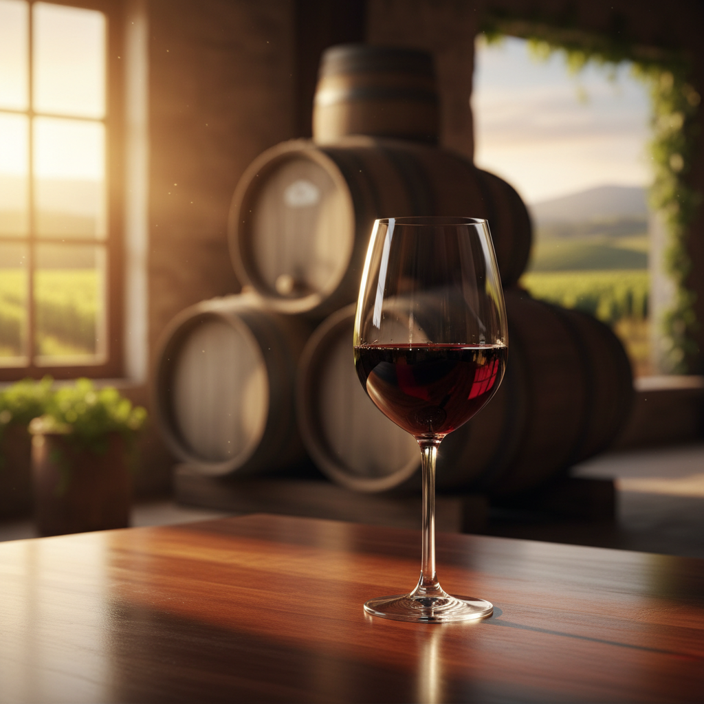 Taça de vinho tinto elegante em ambiente sofisticado, com barris de carvalho ou vinhedo ao fundo, sugerindo um presente de bom gosto.