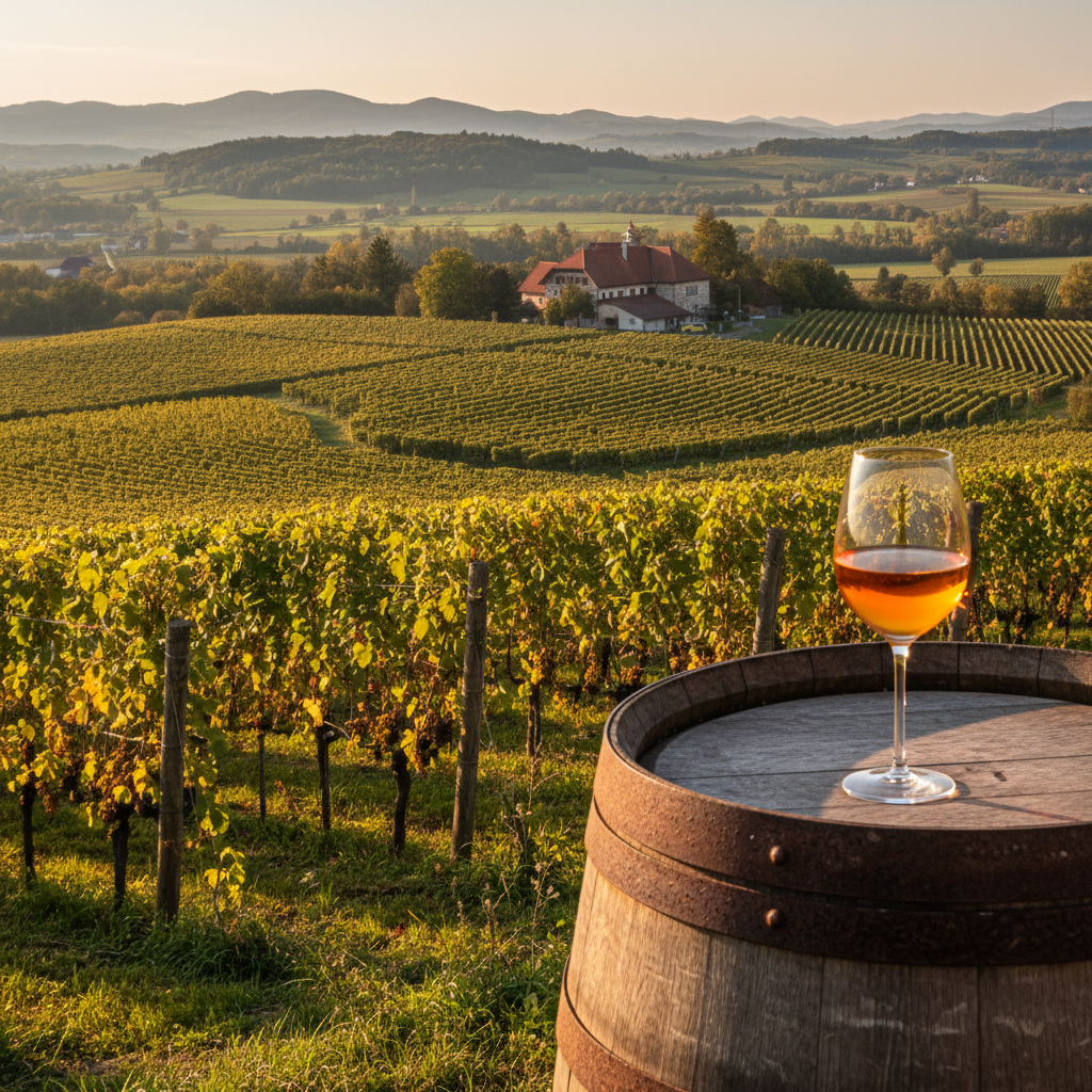 Vinhedo esloveno ao pôr do sol com taça de vinho laranja em barril, destacando a paisagem vitivinícola da Eslovênia.