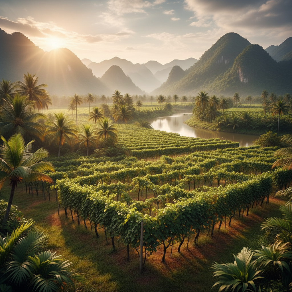 Vinhedo exuberante e vibrante em uma paisagem tropical vietnamita, com montanhas distantes e um rio sereno sob luz solar suave.