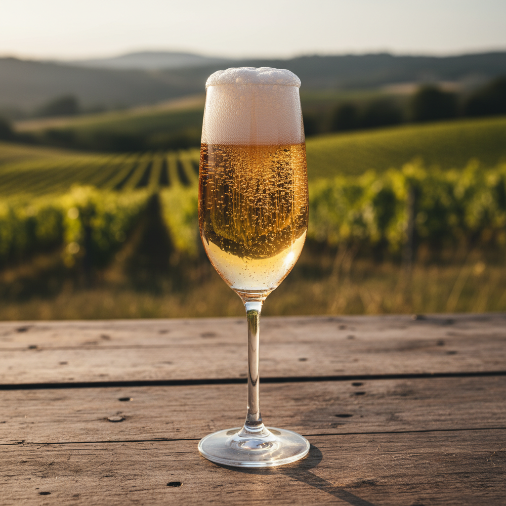 Taça de espumante com bolhas finas sobre uma mesa de madeira rústica, com um vinhedo ao fundo sob a luz do pôr do sol.