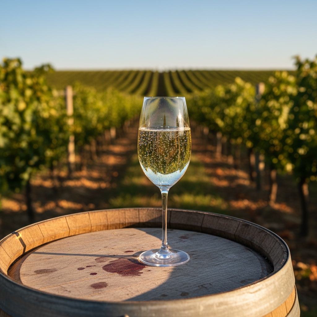 Taça de espumante com borbulhas finas sobre um barril de carvalho em um vinhedo ensolarado, simbolizando a diversidade dos vinhos espumantes além do champagne.