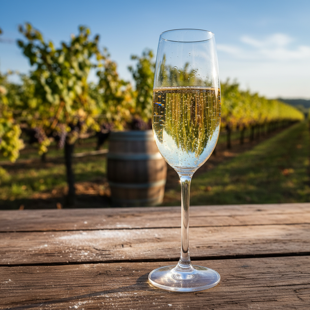 Taça de espumante dourado sobre mesa de madeira rústica, com vinhedo ensolarado e barril de vinho ao fundo.