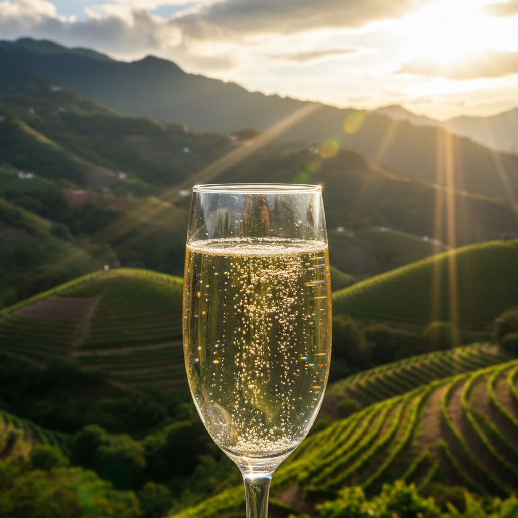 Taça de espumante colombiano com bolhas finas, destacando-se sobre um vinhedo verdejante nos majestosos Andes colombianos sob a luz do sol.