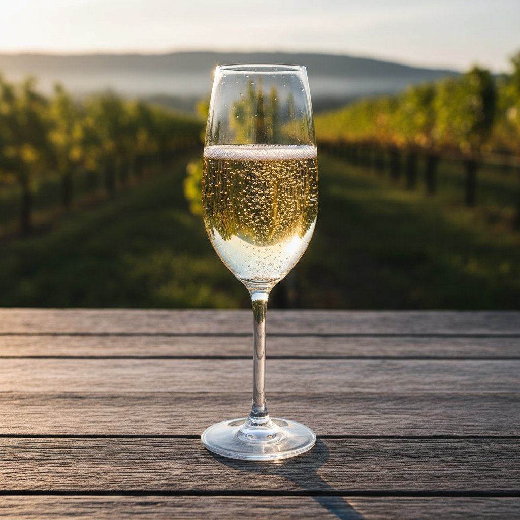 Taça de espumante dourado com bolhas finas em mesa de madeira rústica, com um vinhedo de clima frio ao fundo sob luz suave.