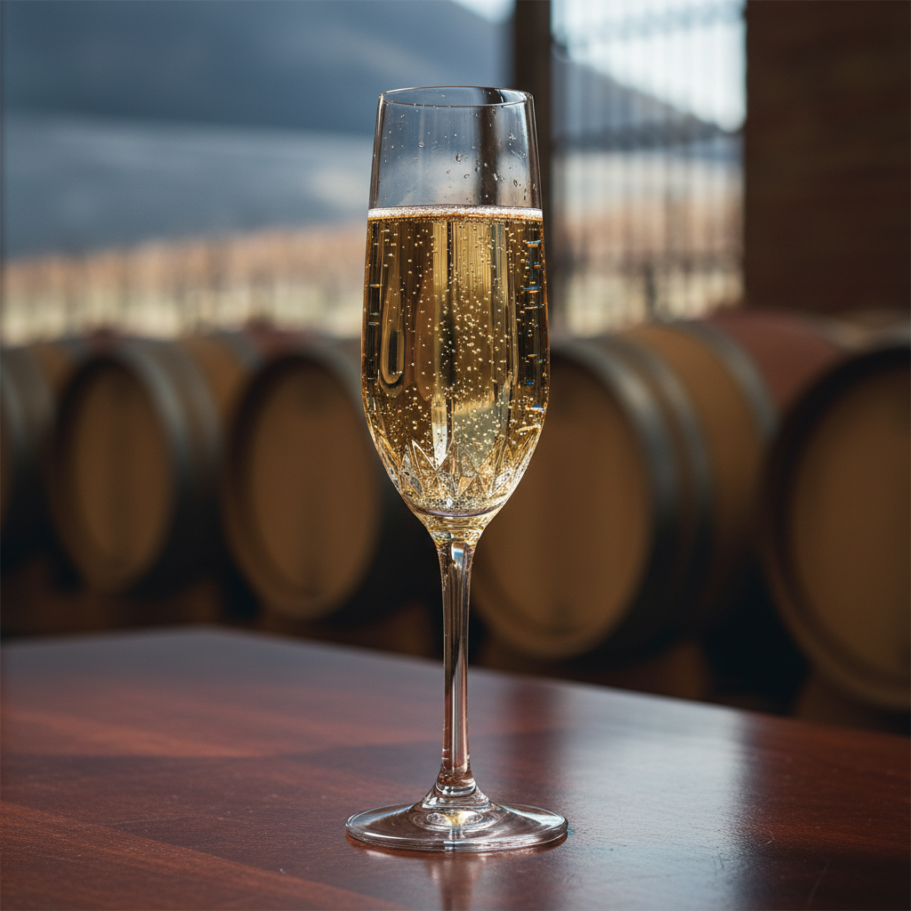 Taça de espumante russo borbulhante em uma mesa elegante, com barris de carvalho desfocados ao fundo, sugerindo um ambiente de adega sofisticado.