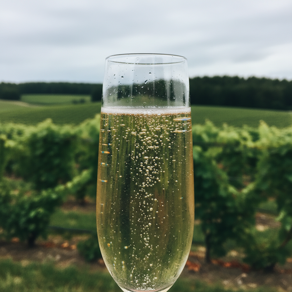 Taça de espumante com bolhas finas em primeiro plano, com um vinhedo verde e exuberante da Suécia ao fundo, sob um céu nublado.