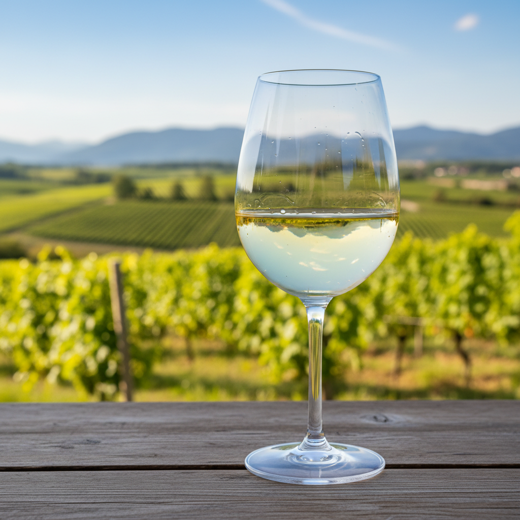Vinhedo ensolarado na Estíria, Áustria, com colinas verdes e um copo de vinho branco fresco em primeiro plano, refletindo a paisagem.