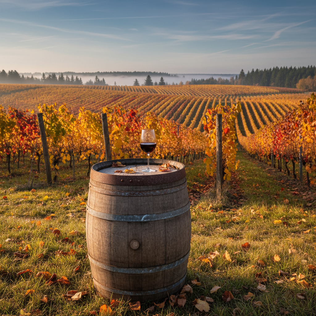 Vinhedo estoniano no outono com cores vibrantes, barril de madeira e uma taça de vinho tinto, simbolizando a viticultura de clima frio.