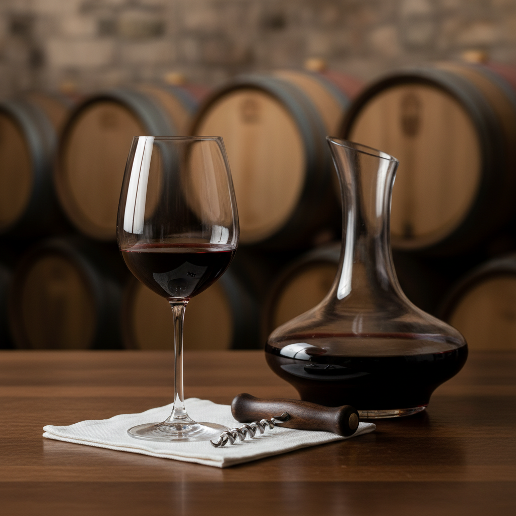 Taça de vinho tinto em mesa de madeira com barris de carvalho ao fundo, remetendo a uma experiência de degustação de vinhos tunisianos.