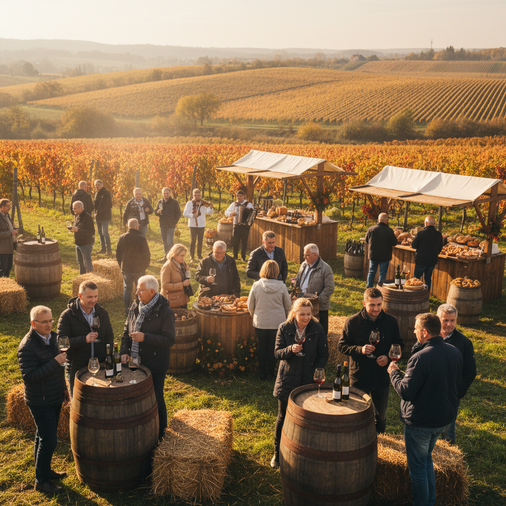 Pessoas celebrando em um festival de vinho em um vinhedo polaco, com taças de vinho, barris de madeira e a paisagem outonal ao fundo.