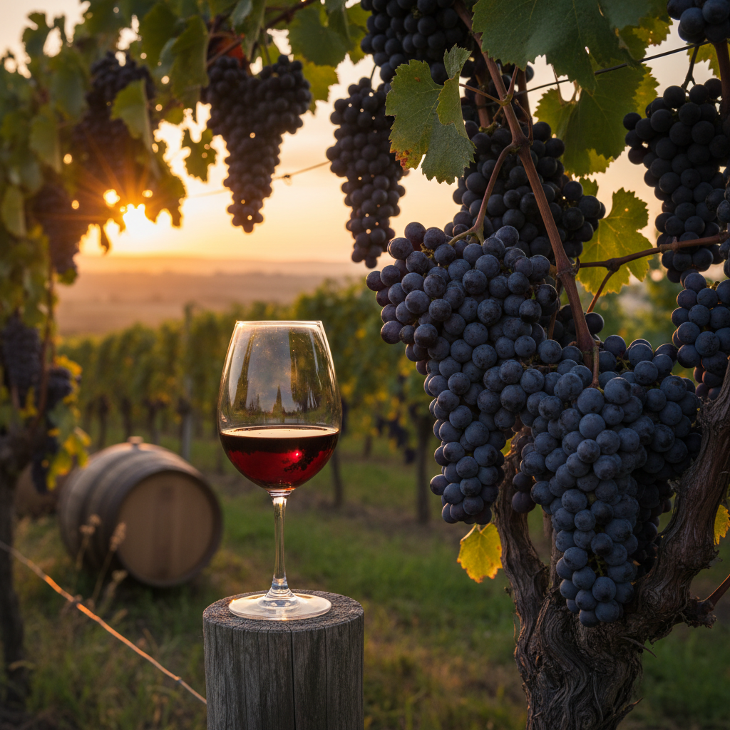 Vinhedo romeno com uvas Fetească Neagră maduras ao pôr do sol, taça de vinho elegante e barris de carvalho ao fundo.
