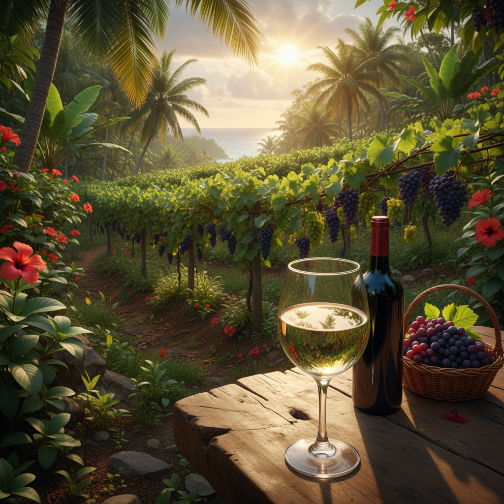 Vinhedo tropical nas Filipinas com um copo de vinho, destacando a paisagem exuberante e o sol.