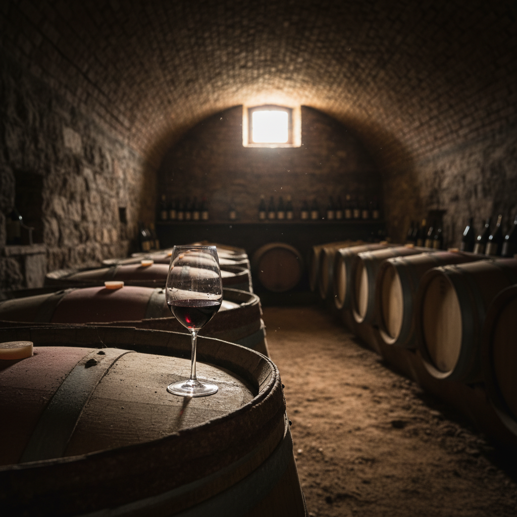 Interior de uma adega rústica com barris de carvalho, onde uma taça de vinho tinto repousa sobre um barril, simbolizando o processo de produção e envelhecimento.