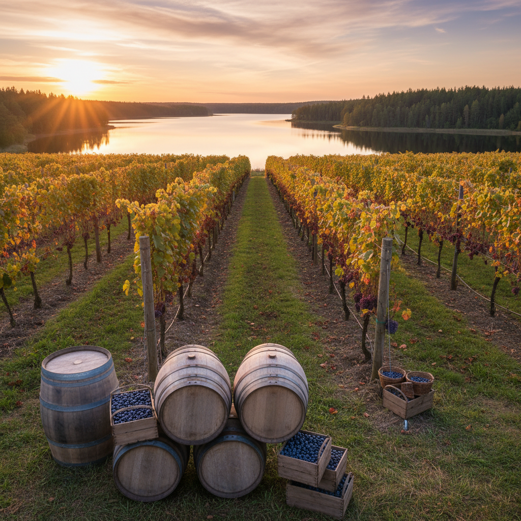 Vinhedo moderno ou plantação de bagas na paisagem rural finlandesa sob a luz suave do entardecer, com um lago sereno ao fundo e barris de vinho de madeira.