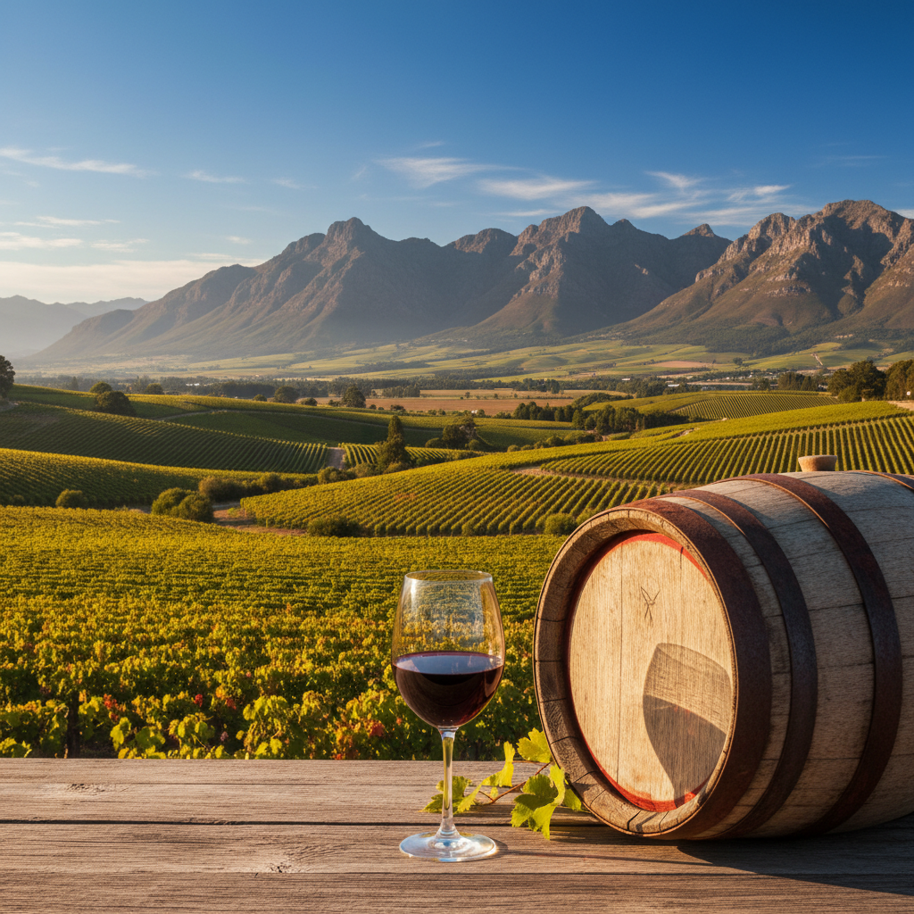 Vinhedos exuberantes do Vale de Franschhoek sob o sol, com montanhas ao fundo e um barril de vinho rústico, simbolizando a rica herança vinícola da região.