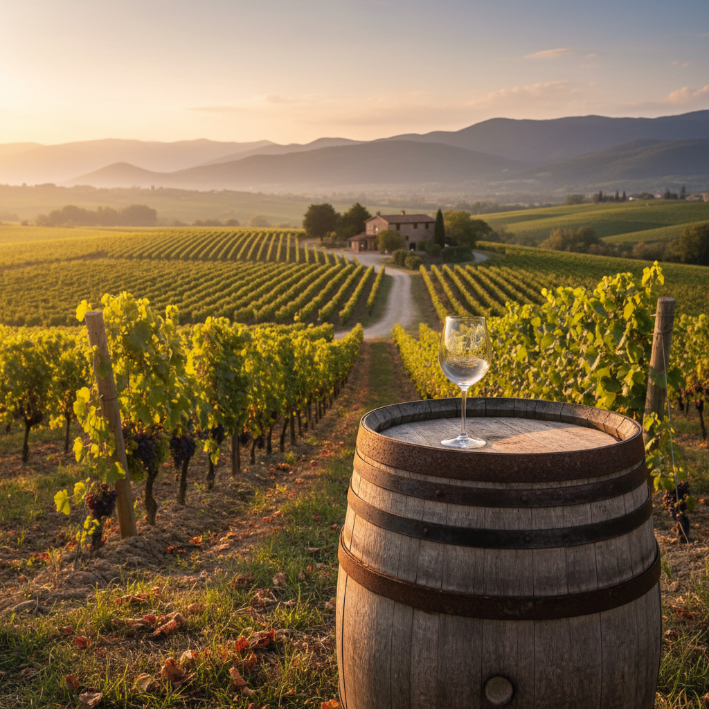 Vinhedo ensolarado com um barril de madeira rústico e uma taça de vinho, evocando a natureza e a autenticidade do Pet Nat.