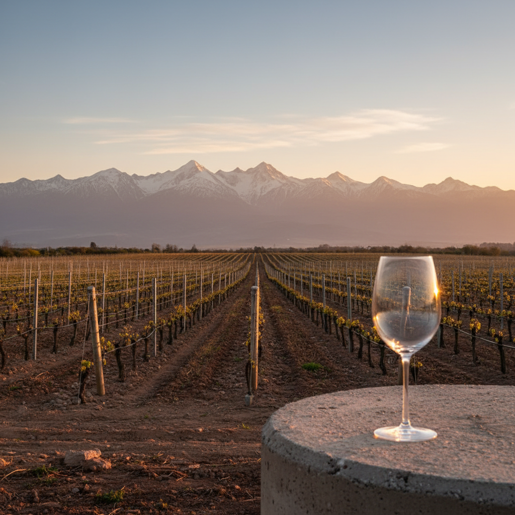 Vinhedo argentino de altitude ao nascer do sol com uma taça de vinho moderna sobre um barril de concreto, simbolizando o futuro e a inovação.