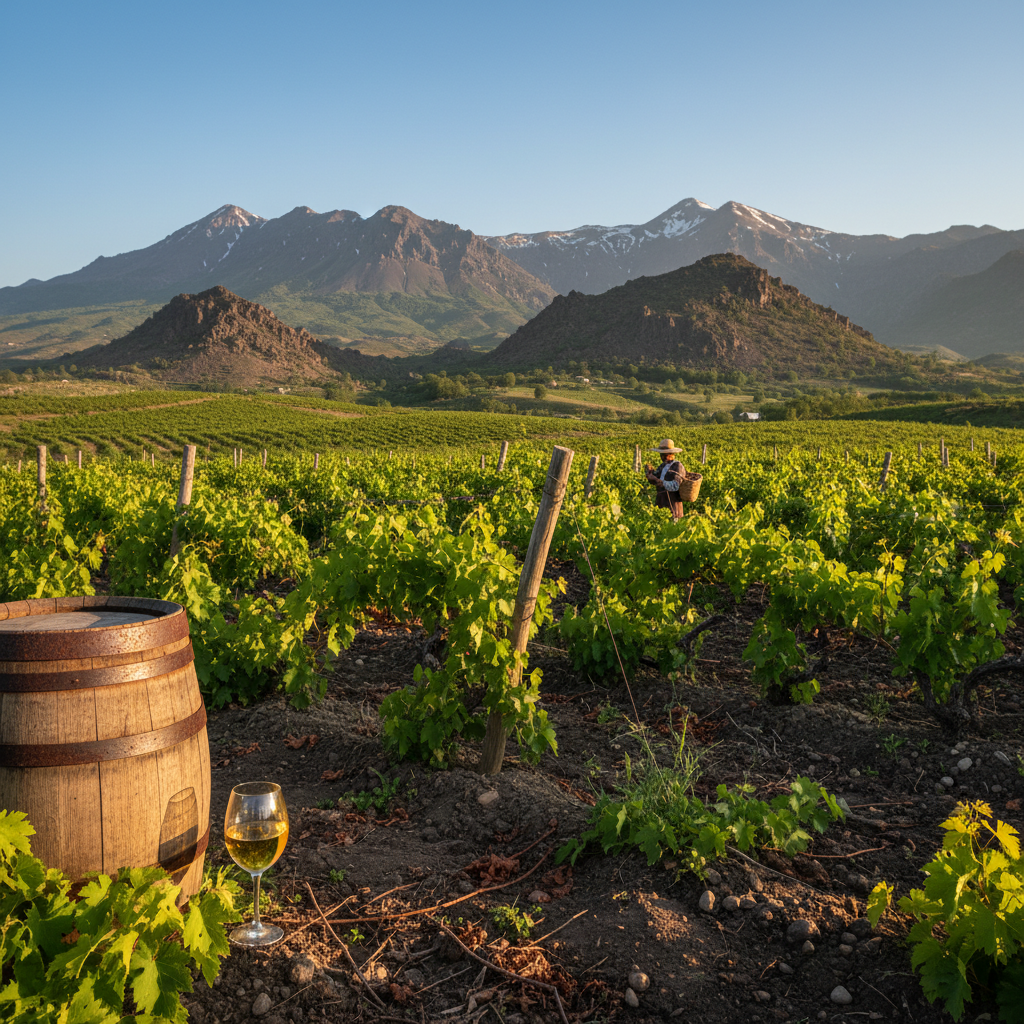 Vinhedo armênio exuberante com montanhas vulcânicas ao fundo, um barril de madeira rústico e uma taça de vinho, simbolizando a rica herança e o futuro da viticultura no Cáucaso.
