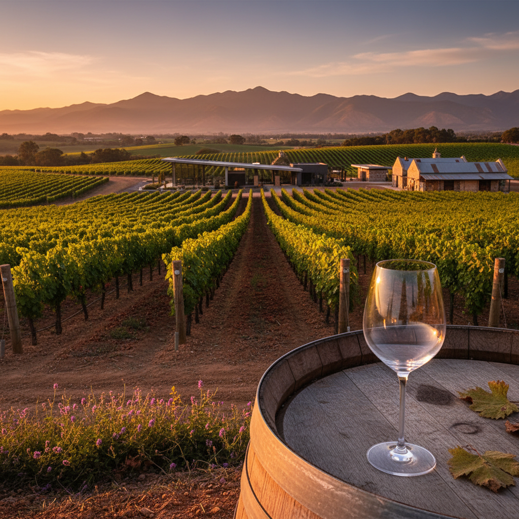 Vinhedo australiano moderno ao pôr do sol com taça de vinho elegante sobre barril de madeira, simbolizando o futuro e a inovação na viticultura.