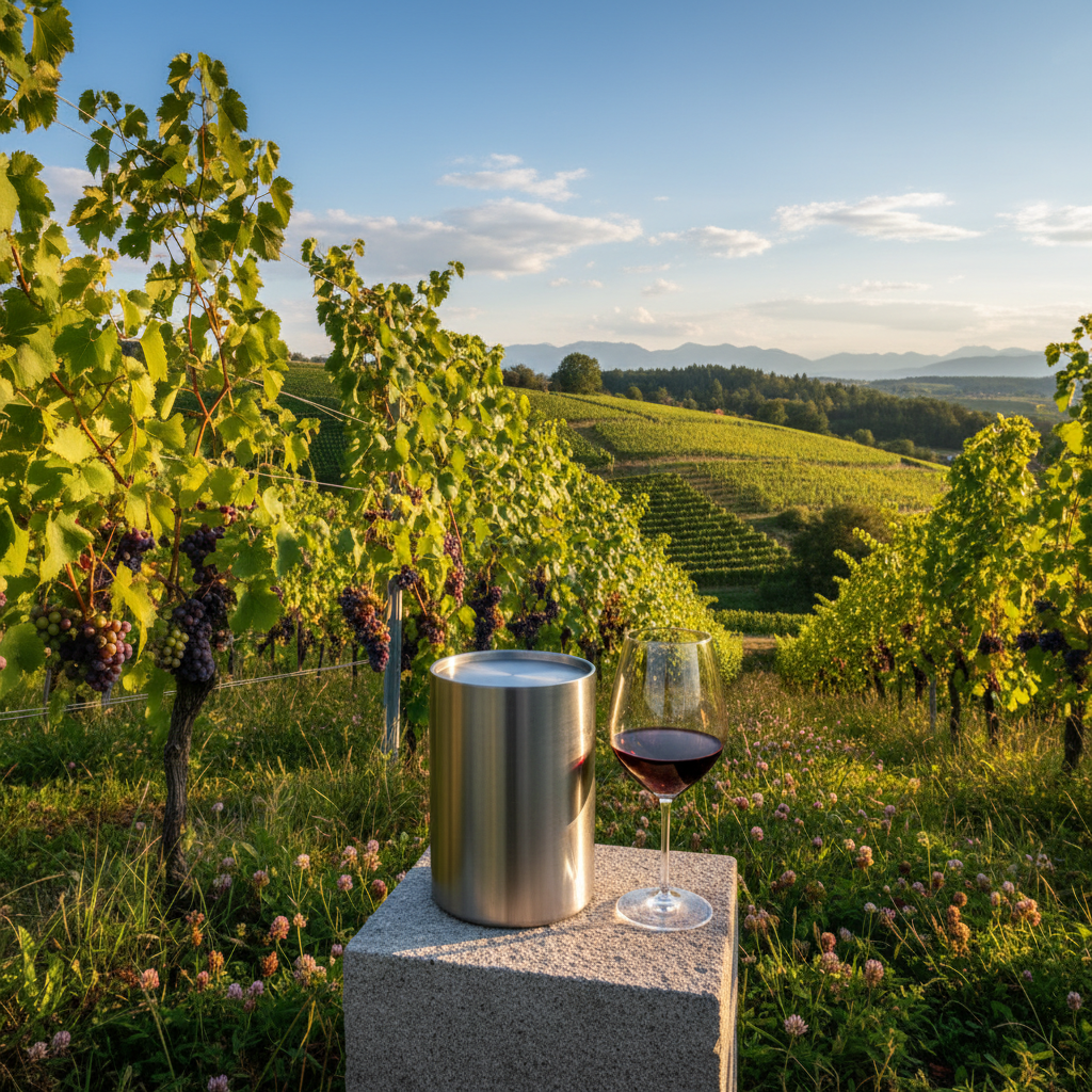 Vinhedo austríaco exuberante com barril de carvalho e taça de vinho, representando a tradição e a inovação no futuro da viticultura do país.