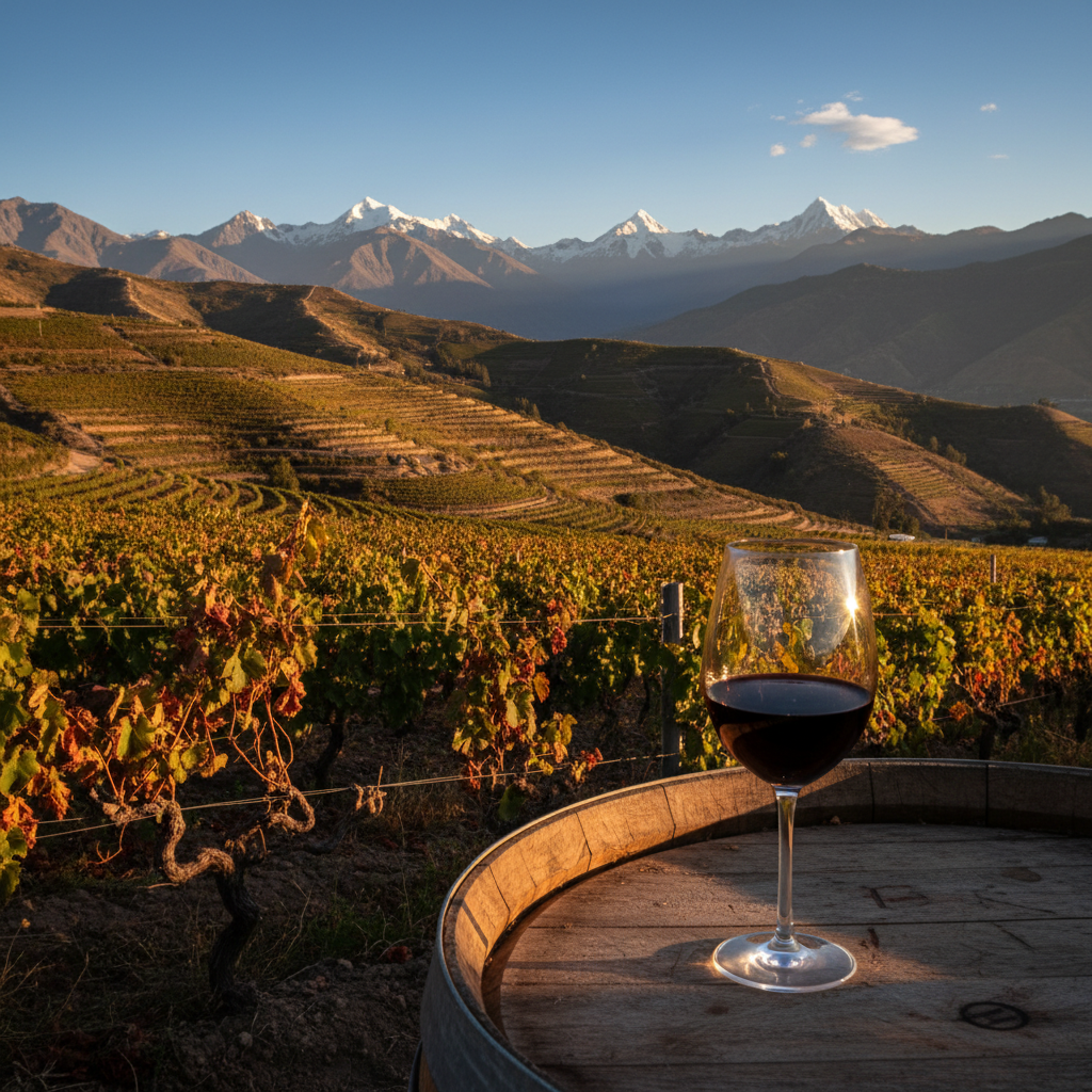 Vinhedos de altitude nos Andes bolivianos com um copo de vinho tinto sobre um barril de madeira, simbolizando o futuro e a sustentabilidade da viticultura na Bolívia.