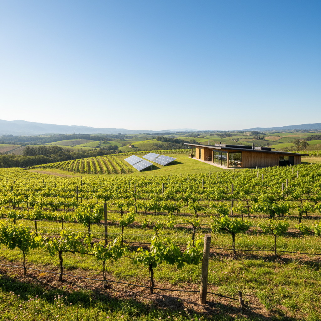 Vinhedo brasileiro sustentável com tecnologia inovadora ao amanhecer, simbolizando o futuro da viticultura nacional.