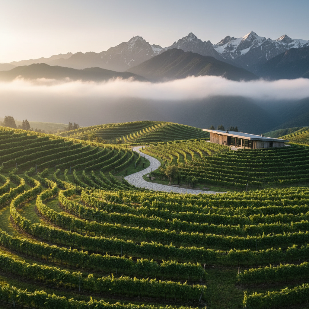 Vinhedo moderno em uma paisagem montanhosa asiática, simbolizando o crescimento e a inovação na produção de vinho na região.