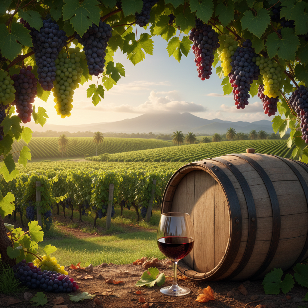 Vinhedo tropical exuberante na República Dominicana com um barril de madeira e uma taça de vinho tinto, simbolizando inovação e sustentabilidade.